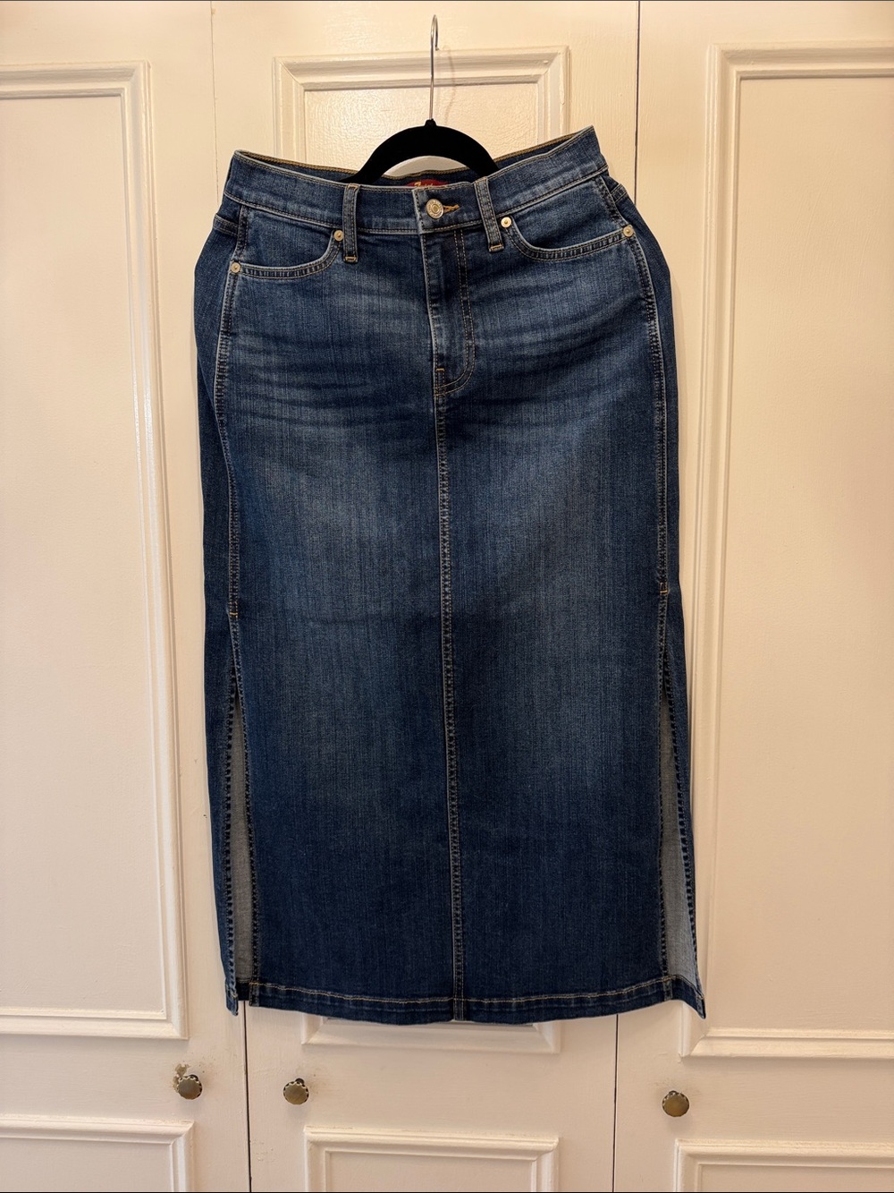7 For All Mankind Dark Blue Denim Midi Skirt with Side Slits